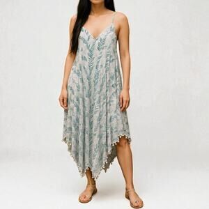 NWT Goa Beachwear Cover-Up Dress Teal Feather Handkerchief Pom Pom Size L